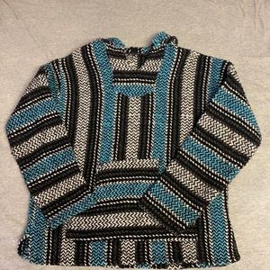 black, blue, and white drug rug